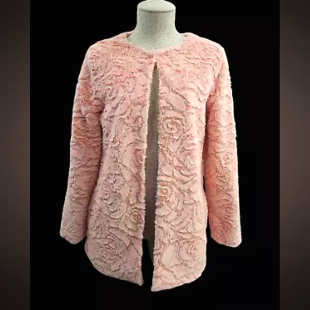 Tobi Women's S Pink‎ Fuzzy Rosette Teddy Jacket Open Front Soft Cozy Coat EUC